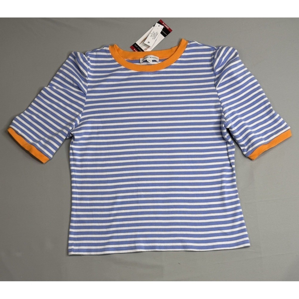 Rebecca Minkoff Puff Sleeve Top Blue‎ White Striped Orange Trim Ribbed Knit XL